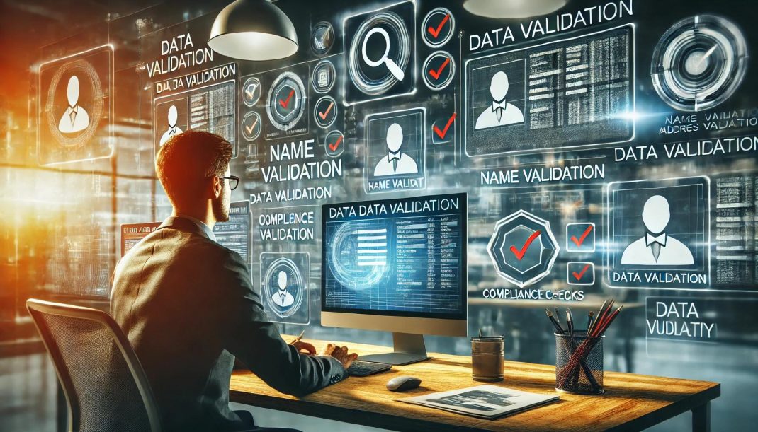 IT-Mitarbeiter im Vordergrund, umgeben von Datenvalidierungswerkzeugen und relevanten Icons. Das moderne Büroumfeld und die subtile Beleuchtung unterstreichen die Bedeutung der Datenqualität.