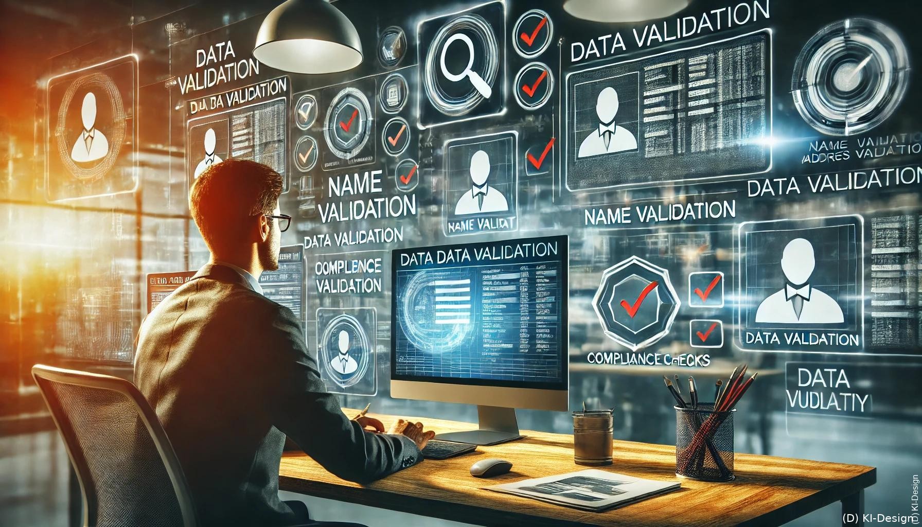 IT-Mitarbeiter im Vordergrund, umgeben von Datenvalidierungswerkzeugen und relevanten Icons. Das moderne Büroumfeld und die subtile Beleuchtung unterstreichen die Bedeutung der Datenqualität.