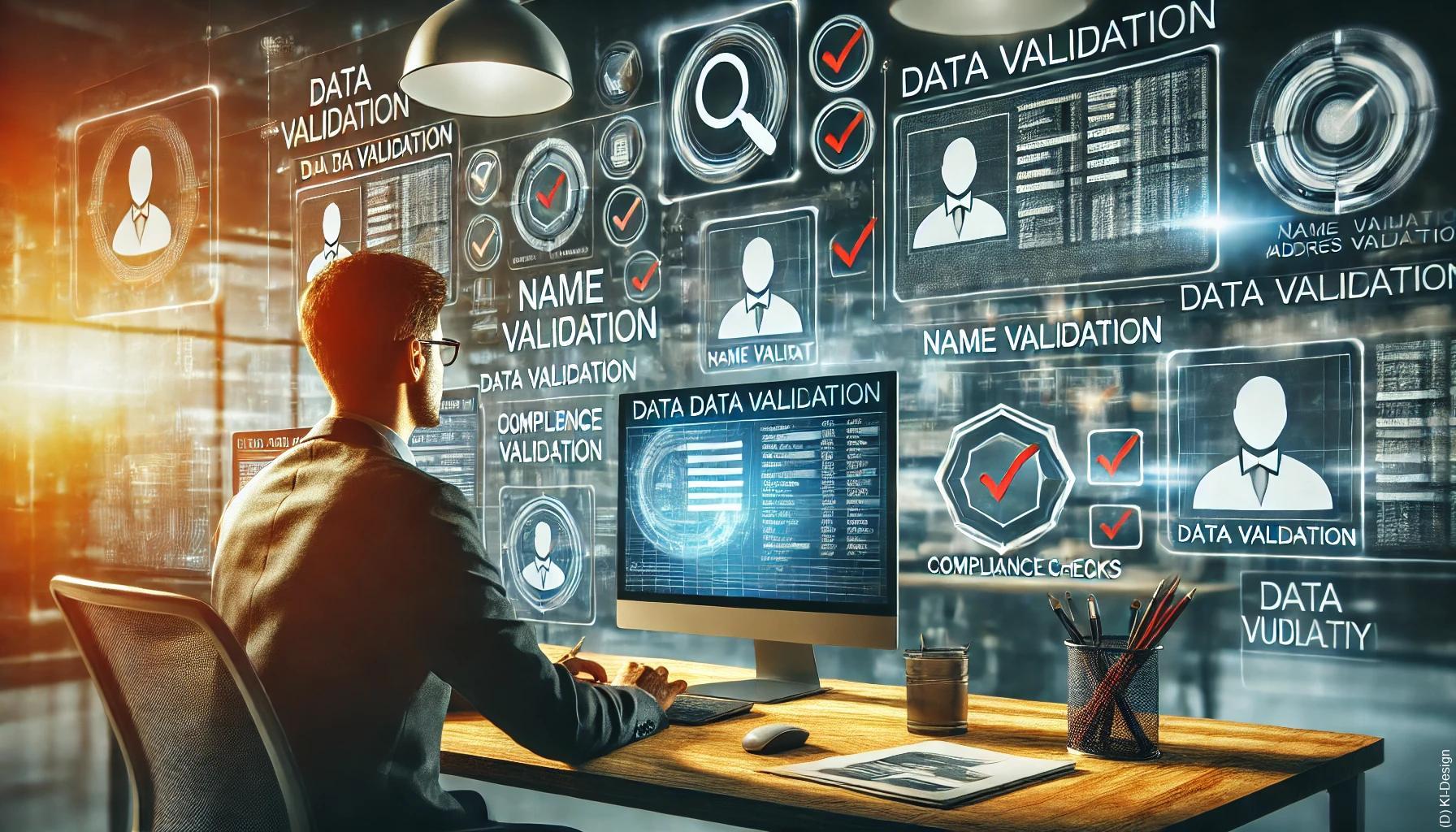 Werkzeuge zur Datenvalidierung IT-Mitarbeiter im Vordergrund, umgeben von Datenvalidierungswerkzeugen und relevanten Icons. Das moderne Büroumfeld und die subtile Beleuchtung unterstreichen die Bedeutung der Datenqualität.