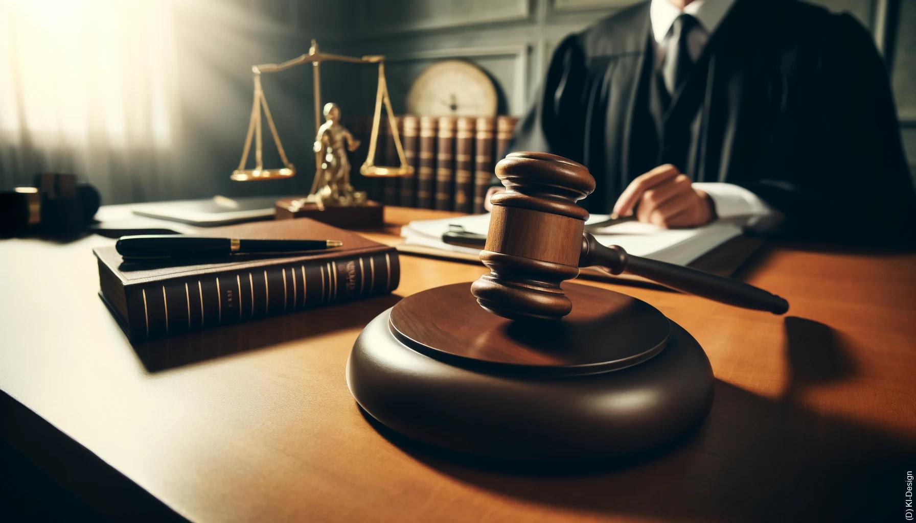DSGVO-Bußgeldbescheide: Warum es sich lohnt, sich zu wehren Breitformatiges Bild eines Gerichtssaals mit Richtertisch, Gavel und juristischen Dokumenten, das eine rechtliche Auseinandersetzung illustriert
