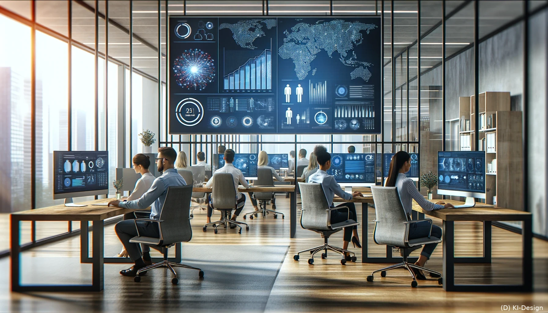 Datenqualität: Eine Szene in einem modernen Büro, in dem Mitarbeiter an Computern arbeiten, und auf einem großen Bildschirm sind klare und präzise Datenvisualisierungen zu sehen.