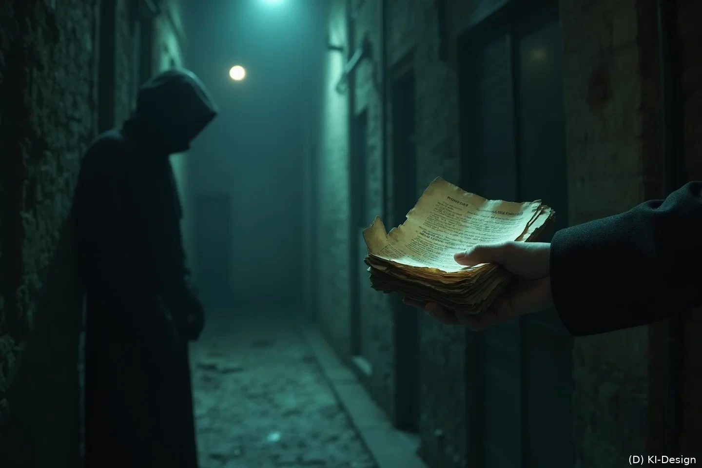 Eine Hand, die vertrauliche Dokumente in die Dunkelheit einer unheimlichen Gasse reicht, symbolisch für den Datenverkauf im Darknet.