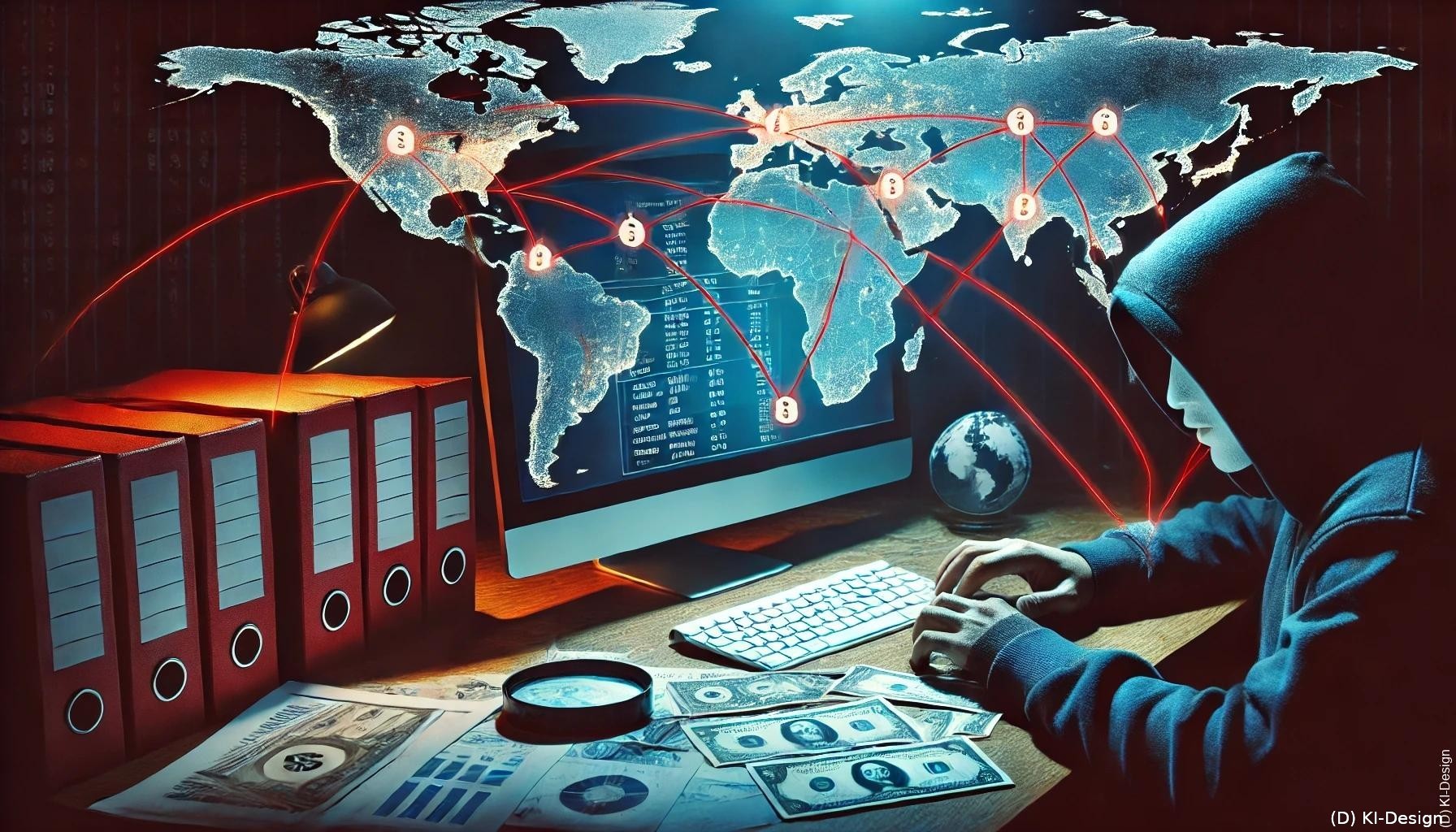 Eine dramatische Szene mit verdeckten Transaktionen auf einem Computerbildschirm, umgeben von Ermittlungsakten und einer Weltkarte, die die internationalen Verbindungen des Geldwäschenetzwerks zeigt.
