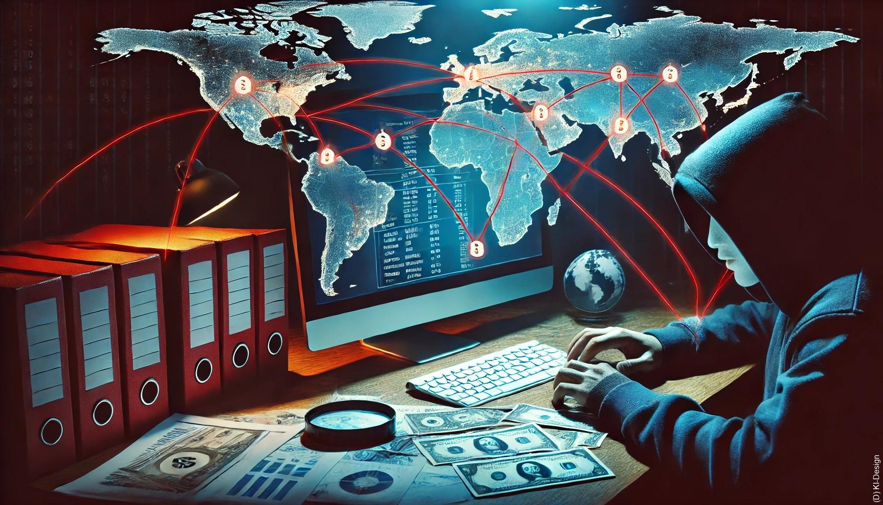 Europas-Finanzsystem infiltriert? Eine dramatische Szene mit verdeckten Transaktionen auf einem Computerbildschirm, umgeben von Ermittlungsakten und einer Weltkarte, die die internationalen Verbindungen des Geldwäschenetzwerks zeigt.