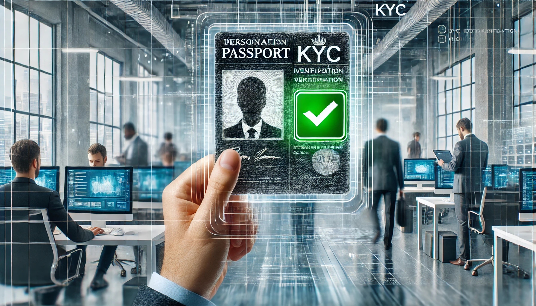 KYC-Identitätsprüfung: Eine digitale Darstellung eines Personalausweises oder Reisepasses, der durch ein Hochsicherheits-Scanner-System läuft, mit einem grünen Haken zur Verifizierung und einem modernen Büro im Hintergrund.