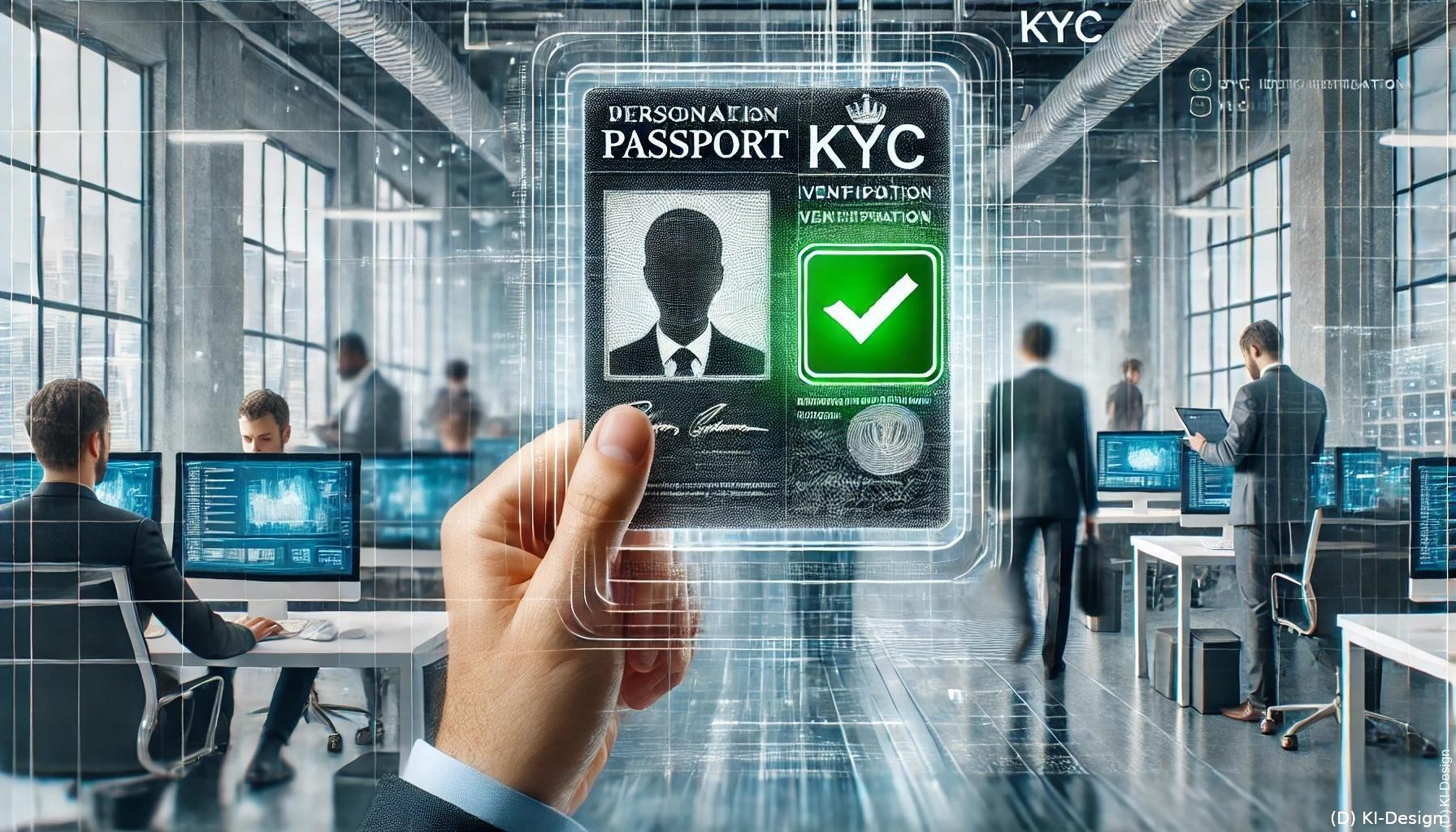 KYC-Identitätsprüfung: Eine digitale Darstellung eines Personalausweises oder Reisepasses, der durch ein Hochsicherheits-Scanner-System läuft, mit einem grünen Haken zur Verifizierung und einem modernen Büro im Hintergrund.