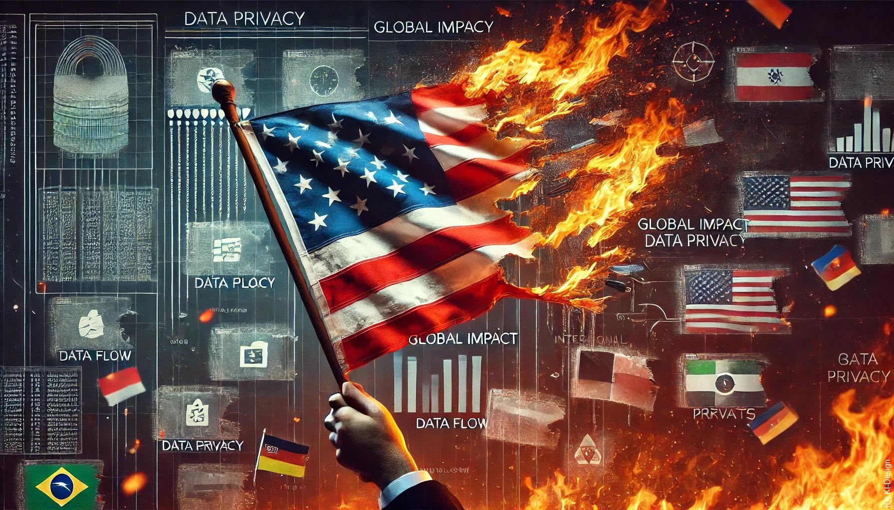 Skandal um internationalen Datenschutz Eine zerrissene Datenschutzfahne, die von verschiedenen Ländern gehalten wird, mit brennenden Datenpaketen im Hintergrund, die symbolisch für den Verlust der Kontrolle über personenbezogene Informationen stehen.