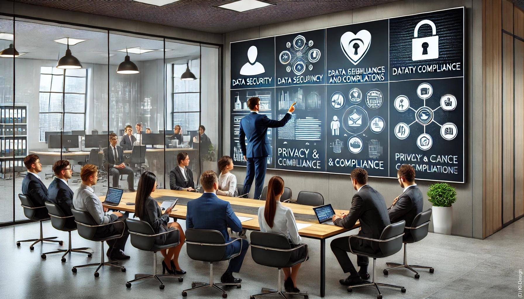 Schulungen gegen Datenschutzrisiken Ein Bild von Mitarbeitern in einem Schulungsraum, die an einer Datenschutzschulung teilnehmen.