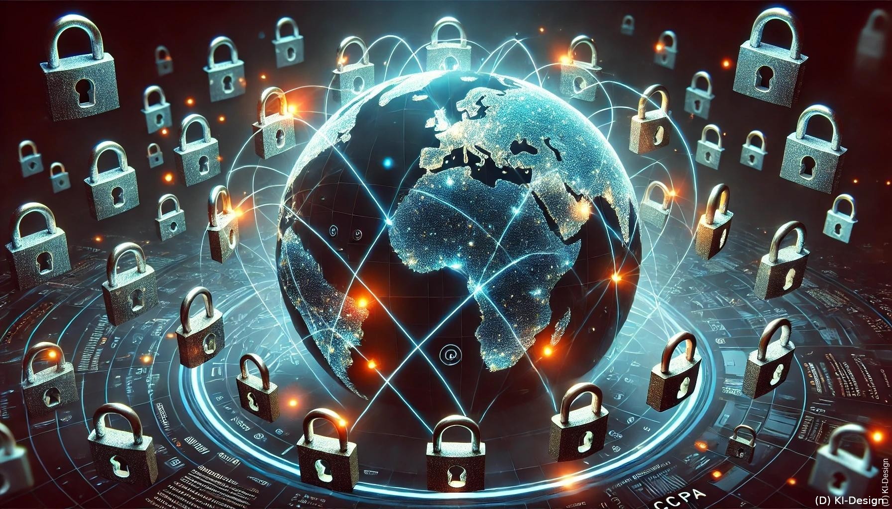 Ein symbolischer Globus, umgeben von Datenschutzschlössern, die Datenströme zwischen verschiedenen Ländern symbolisieren.