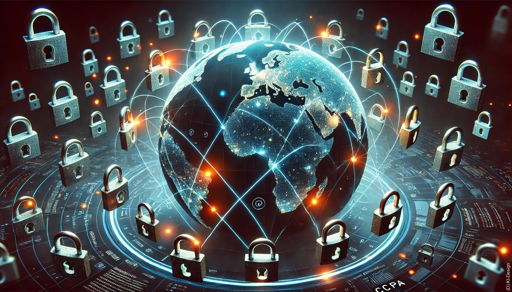 Internationale Datenschutzgesetze Ein symbolischer Globus, umgeben von Datenschutzschlössern, die Datenströme zwischen verschiedenen Ländern symbolisieren.