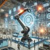 Bild, das einen Roboterarm in einer modernen Fabrik zeigt, umgeben von Datensymbolen und Echtzeit-Analysen, die Predictive Maintenance und die Integration von Data Analytics in die Produktion verdeutlichen.