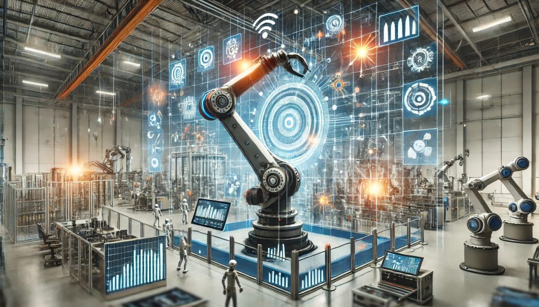 Bild, das einen Roboterarm in einer modernen Fabrik zeigt, umgeben von Datensymbolen und Echtzeit-Analysen, die Predictive Maintenance und die Integration von Data Analytics in die Produktion verdeutlichen.