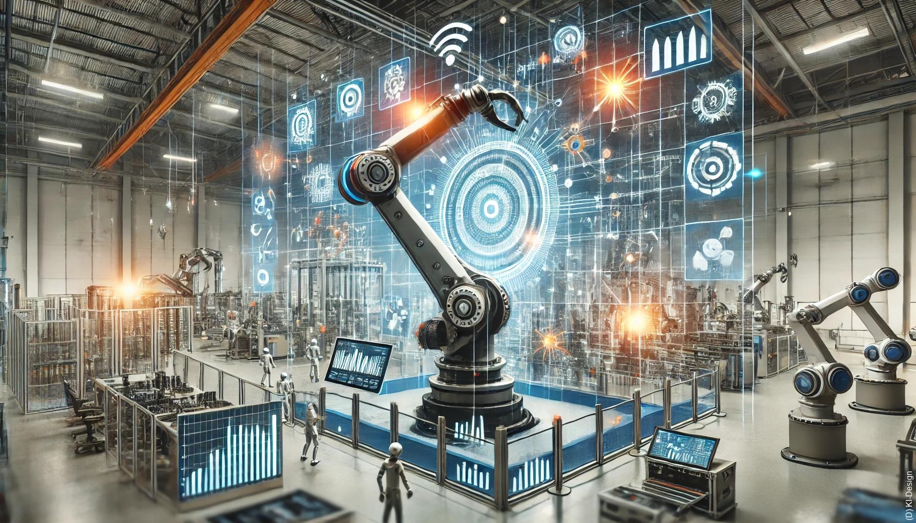 Die Data-Analytics-Revolution Bild, das einen Roboterarm in einer modernen Fabrik zeigt, umgeben von Datensymbolen und Echtzeit-Analysen, die Predictive Maintenance und die Integration von Data Analytics in die Produktion verdeutlichen.